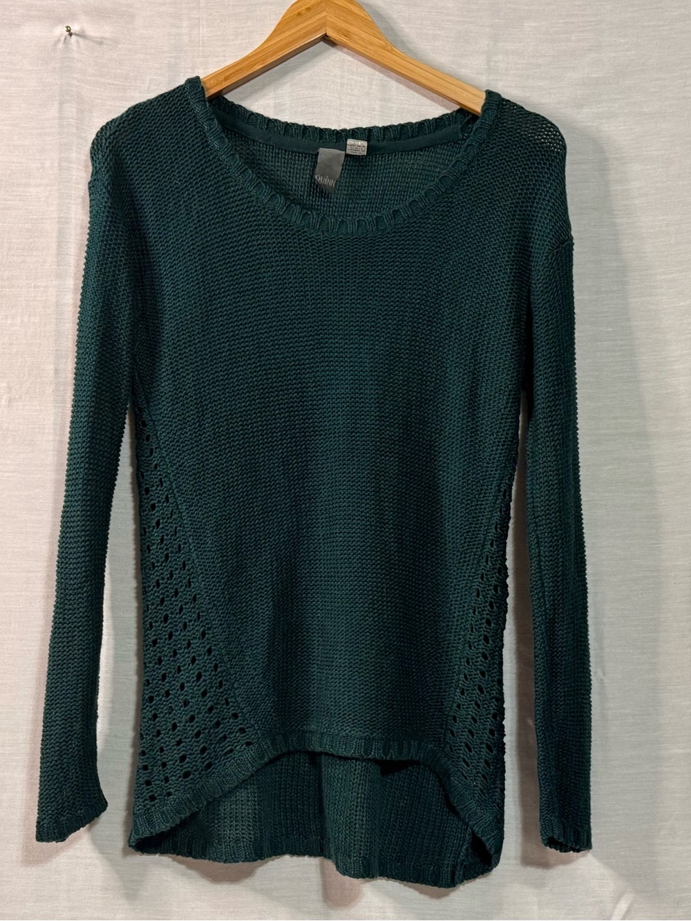 QUINN Dark Green Open Weave Pointelle High Low Sweater S/P